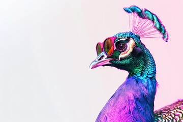 A regal peacock displaying its vibrant feathers, adorned with sunglasses.blank templated, rule of thirds, space for text, isolated white background neon light, extreme right, rule of third