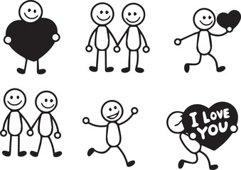 cartoon-style stick figures in various poses and expressions. The top left figure is holding a red heart.