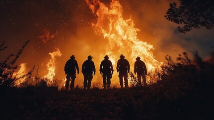 Standing shoulder to shoulder, a group of brave firefighters faces a towering wall of flames, their silhouettes outlined against the fierce blaze. Together, they represent resilience and bravery