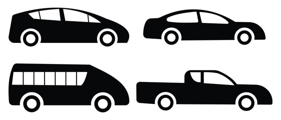 Cars and trucks silhouette icon, vector set. car, trucks, bus, ambulance icon. Car icon vector illustration. 