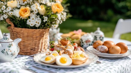 Elegant Outdoor Easter Brunch with Eggs and Pastries