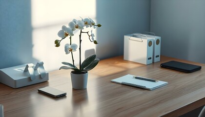 A tidy desk workspace with a comfortable chair, laptop, a plant, and stationery, creating a focused and organized environment perfect for work or study.