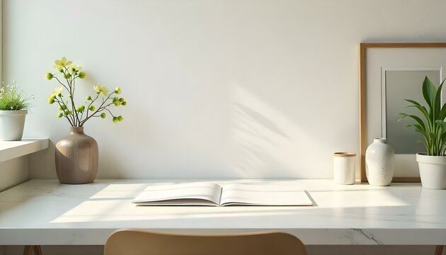 A tidy desk workspace with a comfortable chair, laptop, a plant, and stationery, creating a focused and organized environment perfect for work or study.