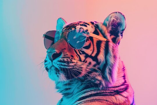 A stylish tiger in sunglasses, set against a pastel backdrop for an editorial.blank templated, rule of thirds, space for text, isolated white background neon light, extreme right, rule of third
