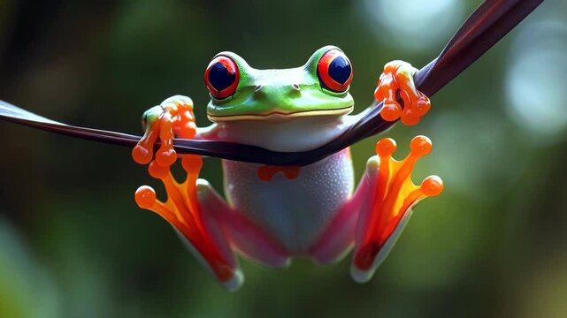 A bright red-eyed tree frog clings to a branch, its vivid green body and orange feet contrasting beautifully against the blurred jungle background