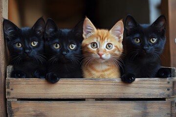 Adorable Kittens in Wooden Box: Black and Ginger Cats For Pet Lovers and Feline Enthusiasts