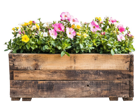Fototapeta rustic flower box made from reclaimed wood, filled with vibrant flowers, adds charm to any garden or outdoor space. Its natural look enhances beauty of blooming plants