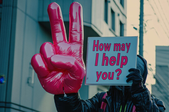 Giant Foam Hand With Peace Sign And A Sign Reading 'How May I Help You?'