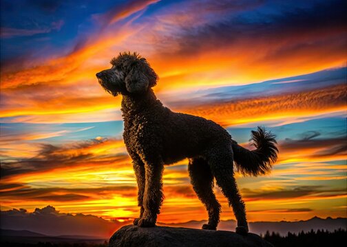 Silhouetted Whoodle, bathed in sunset's golden hues, embodies canine grace and beauty.