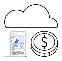 Cloud, smartphone with megaphone graphic simulating social media, and coin representing online revenue. Ideal for digital advertising, monetization, cloud services, social platforms, e-commerce