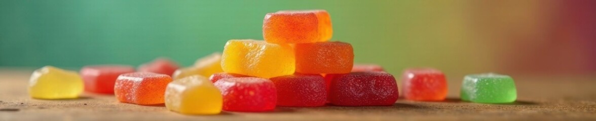 Stack of THCA gummy candies with candy wrapper, cannabis, sweets, packaging