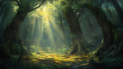 Sun Rays Through the Misty Forest Path
