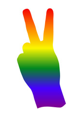 Logo lgbt. Mes del orgullo. Símbolo de la victoria. Silueta de mano mostrando dos dedos con degradado con los colores de la bandera arcoiris