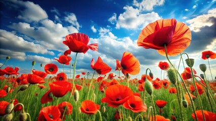 Naklejka premium A field of bright red poppies swaying gently in the breeze on a sunny day with a few white clouds , fields of poppies, spring blooms