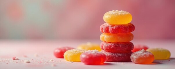 Stack of THCA gummy candies with candy wrapper, gummies, sweets