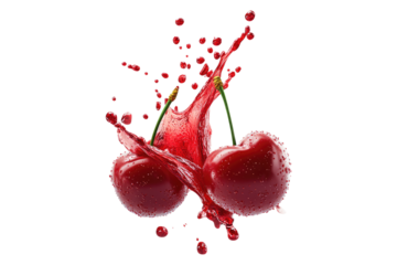 Fresh cherries with red juice splash isolated on white or transparent, PNG