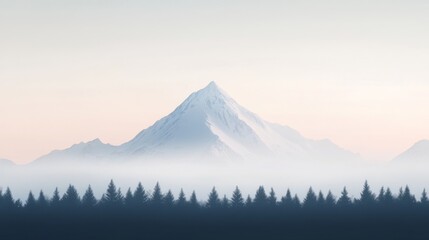 Fototapeta premium Misty mountain peak with coniferous forest at dawn.
