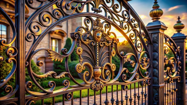 Luxurious Estate Entrance: Ornate Iron Gate with Intricate Filigree Design