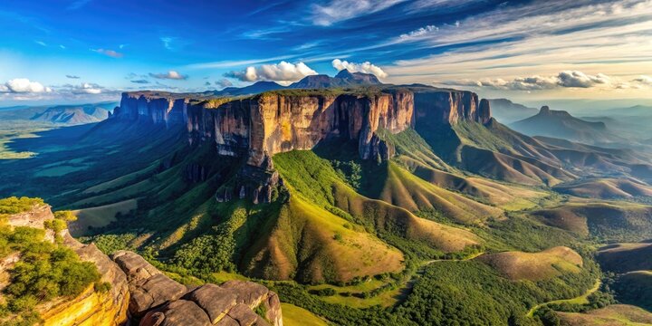 Stunning drone footage captures Monte Roraima's breathtaking aerial view, a Guiana Shield tepui under a clear blue sky.
