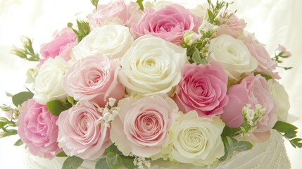 Elegant Pink and White Rose Bouquet Wedding Cake Decoration
