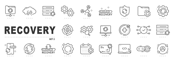 Set of recovery related line icons. Datum, backup, restore, cloud etc. Editable stroke. Set 2