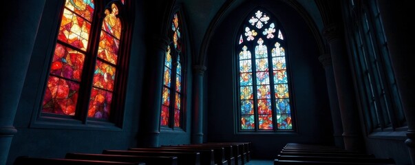 Stained glass windows filter moonlight into the darkened church, church, Pyatnytska, night