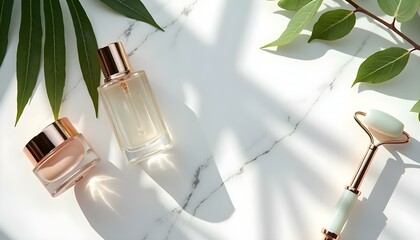 Cosmetics in elegant bottles placed on a marble countertop. The sleek design of the bottles contrasts beautifully with the smooth, timeless texture of the marble surface.