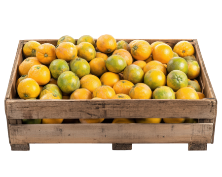 Fresh oranges piled in rustic wooden crate, showcasing vibrant colors and textures. This captures essence of fruitful harvest, perfect for any food related project