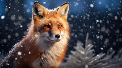 Fototapeta premium Fox in a snowy forest at night