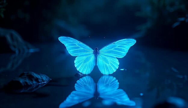 A luminous blue butterfly rests on a dark pond at night, its reflection mirroring its ethereal glow. Surreal and calming.