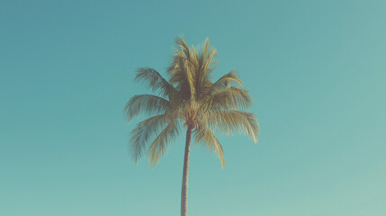 Palm Tree Silhouette: A solitary palm tree stands tall against a vibrant blue sky, its silhouette bathed in a soft, nostalgic light. Its leaves sway gently in the breeze.