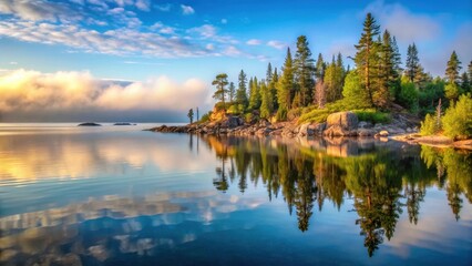 Fototapeta premium Reflections of Lake Superior with surrounding Minnesota and Wisconsin landscape