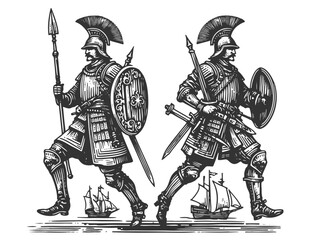 Obraz premium armored warriors with spears and shields standing over sailing ships, symbolizing power and protection sketch engraving generative ai vector illustration. Scratch board. Black and white image.