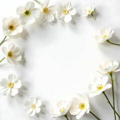 Top view of a minimalistic arrangement of delicate white flowers surrounding a copy space, with soft shadows and a clean, modern background.