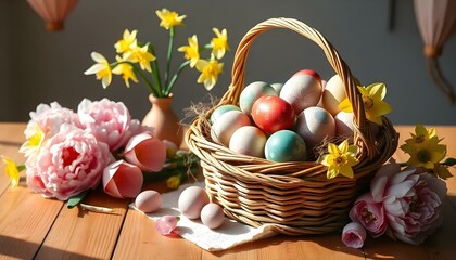 Colorful Easter eggs placed in a wicker basket, surrounded by soft grass. The vibrant hues of the eggs evoke the joyful spirit of Easter, with delicate details adding a festive touch.
