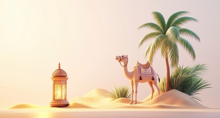 Obraz premium Serene Desert Scene with Camel, Lantern and Palm Tree at Sunset