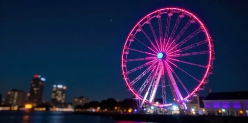 Starry night behind Ferris wheel with bokeh effect, distant lights, atmospheric depth