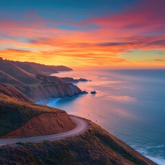 Scenic coastal road trip at sunset pacific ocean cliffs panoramic landscape warm tones viewpoint