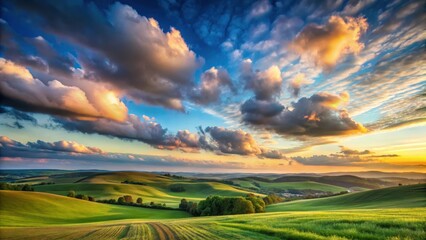 Obraz premium Serene twilight landscape with rolling hills and vast sky filled with soft, white clouds drifting lazily across the horizon