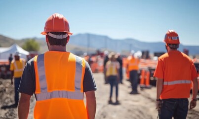 Construction Workers in Orange Safety Vests and Hardhats at a Busy Job Site on a Bright Day, Focused and Ready for Work, Industrial and Occupational Safety Concept, Generative AI