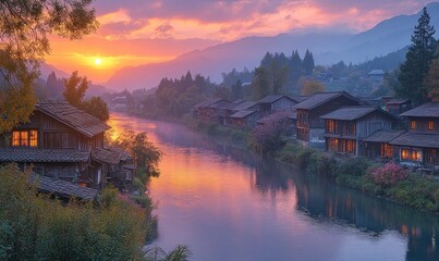 Fototapeta premium Sunset over river village, mountains, tranquil scene.