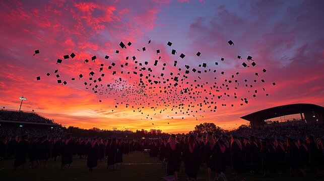 As the sun sets, graduates gather joyfully in caps and gowns, tossing their hats into the vibrant sky, marking a momentous occasion filled with pride and excitement