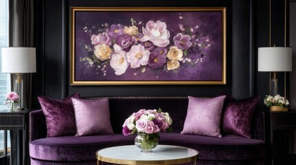 Elegant Purple Living Room with Floral Artwork