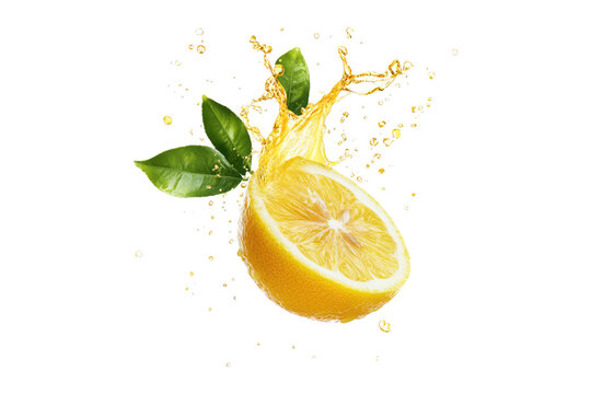 Lemon slice with juice splash and green leaves isolated on white or transparent, PNG