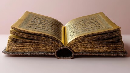 Obraz premium Ornate Quran, open, golden pages, Arabic script.
