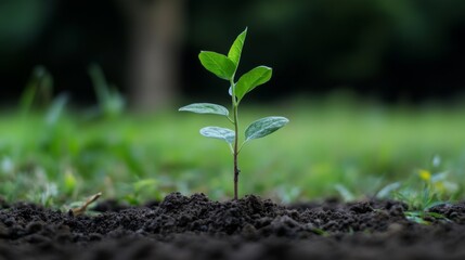 Fototapeta premium Small green sprout growing from dark soil in a lush green background.