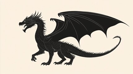 Fototapeta premium Majestic Black Dragon Silhouette Fantasy Creature Design in Beige - Premium Adobe Stock Image