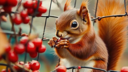 Red squirrel eats barberries. Generative AI
