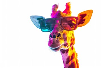 A whimsical giraffe wearing oversized sunglasses, creating a surreal scene.blank templated, rule of thirds, space for text, isolated white background neon light, extreme right, rule of third
