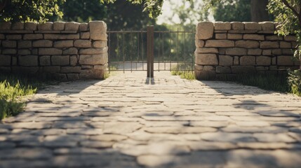 Stone path leading to a metal gate between low stone walls, sunlight filtering through trees.